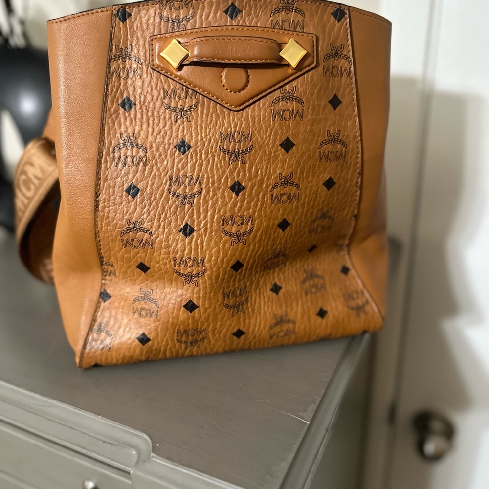 MCM Tan Visetos Tote with Gold Details